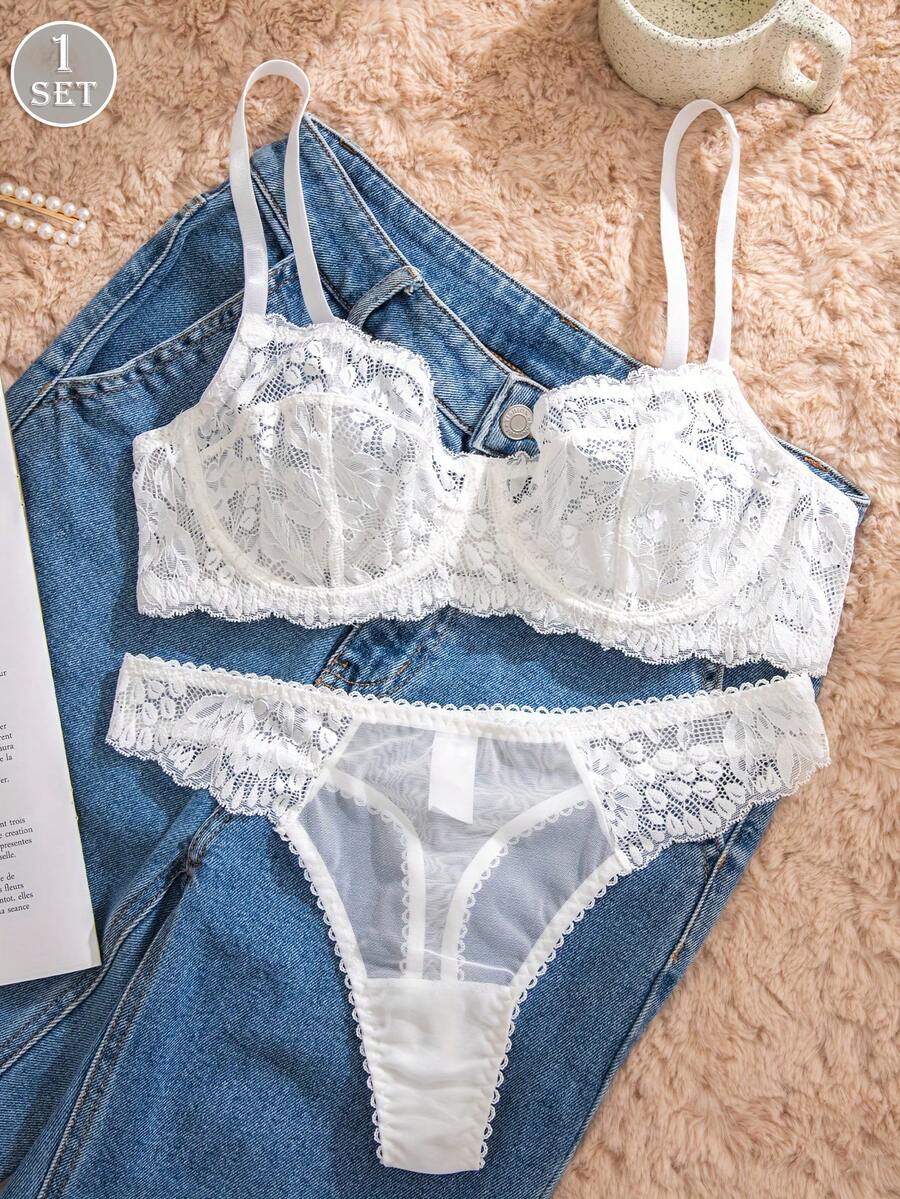 White Lace Bra and Panty Set w - Sheer Mesh Bra review and price