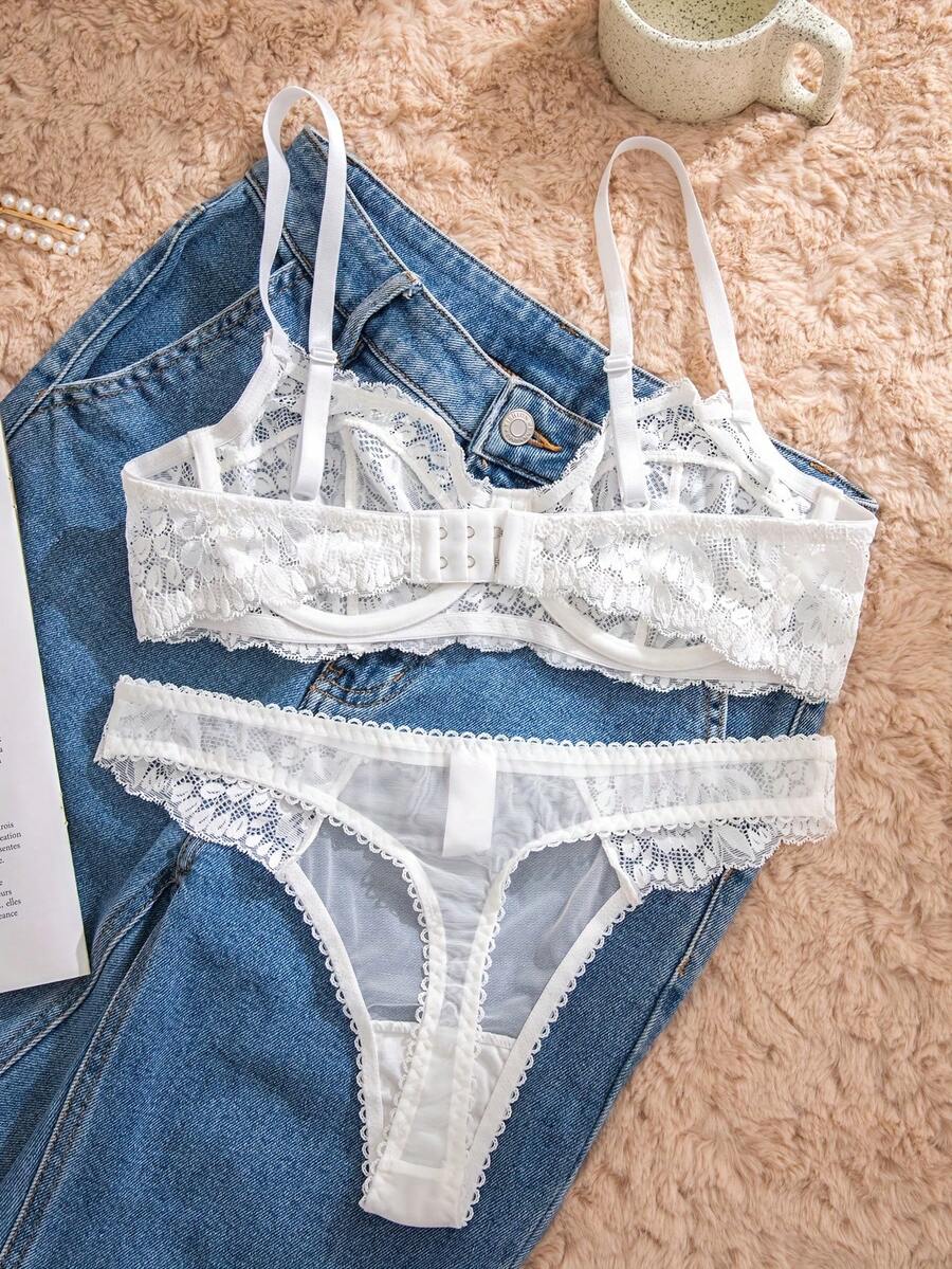 White Lace Bra and Panty Set w - Sheer Mesh Bra review and price