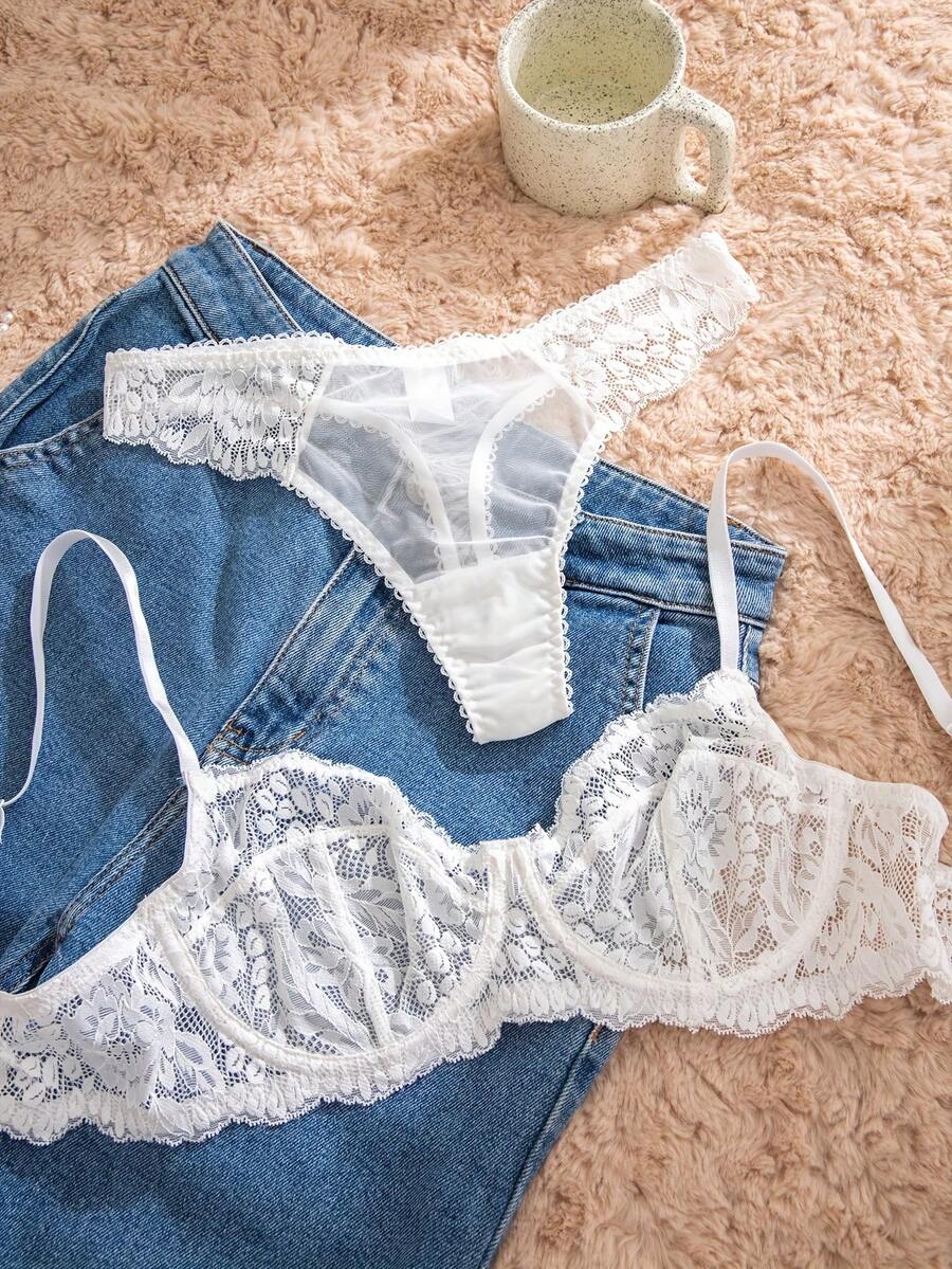 White Lace Bra and Panty Set w - Sheer Mesh Bra review and price