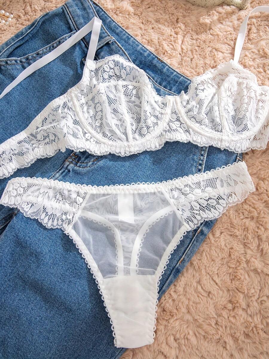 White Lace Bra and Panty Set w - Sheer Mesh Bra review and price